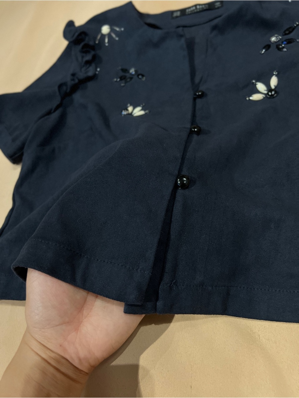 Zara Basic Top XS Black Faux Suede Beaded Ruffle Short Sleeve Coquette Blouse - Picture 3 of 8